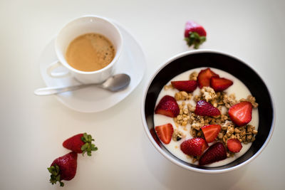 High angle view of breakfast served on table