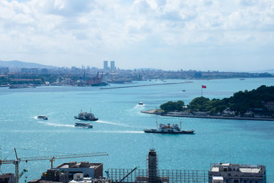 High angle view of boats in bay