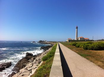 Scenic view of sea against clear blue sky