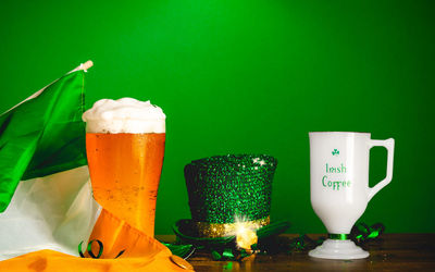 Close-up of beer glass on table