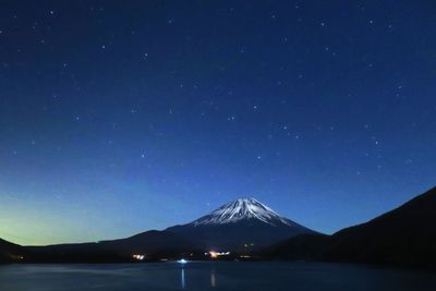 Scenic view of mountains against blue sky at night