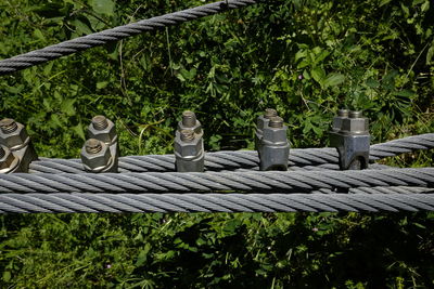 Close-up of cable wires against trees