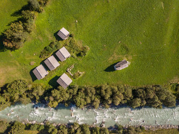 High angle view of buildings on field