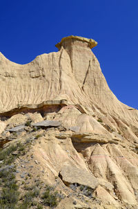 Low angle view of rock formations against clear blue sky