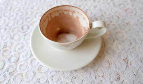 High angle view of coffee cup on table