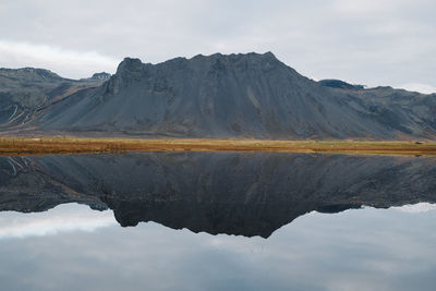 Reflection of mountains on lake against sky