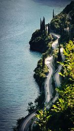 High angle view of bridge over sea by city