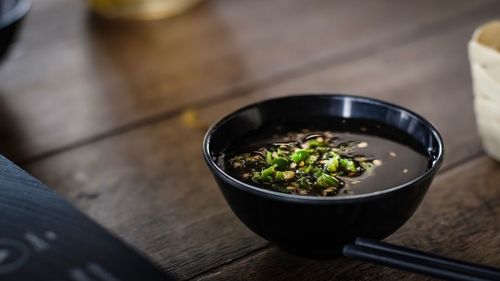 High angle view of salad in bowl on table