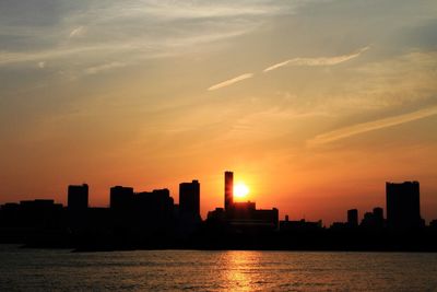 Silhouette of city at sunset