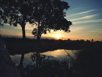 Silhouette trees by lake against sky during sunset