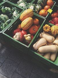 High angle view of vegetables in crate for sale at market