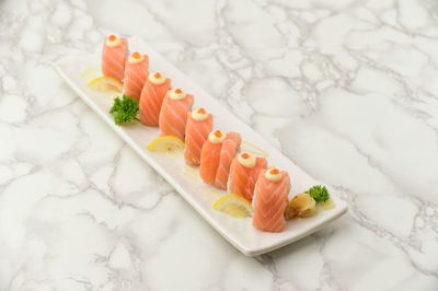 High angle view of sushi served in plate