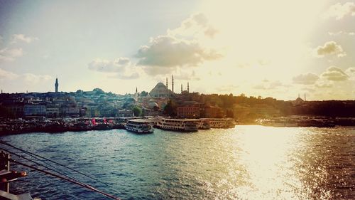 Panoramic view of river amidst buildings in city against sky