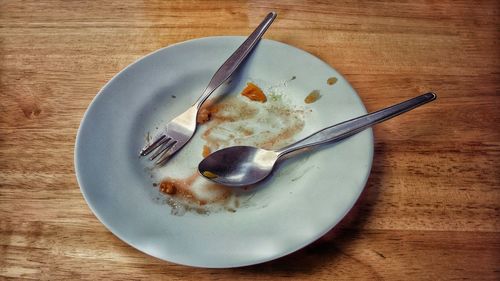 High angle view of breakfast in plate on table