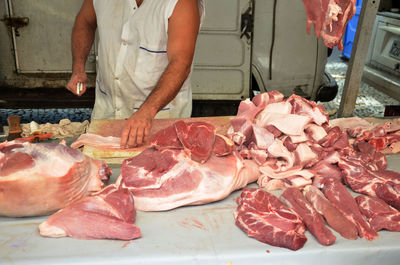 Midsection of butcher cutting meat at market