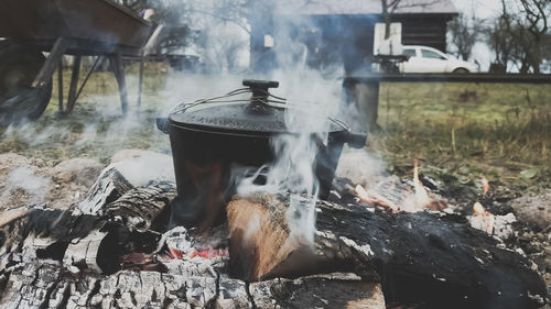 High angle view of food on barbecue grill