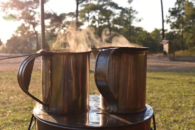 Close-up of horse cart on field