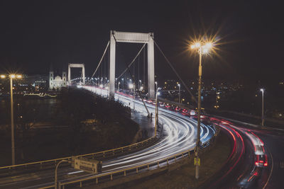 Light trails on suspension bridge at night