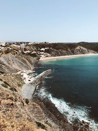 Scenic view of sea and beach against clear sky