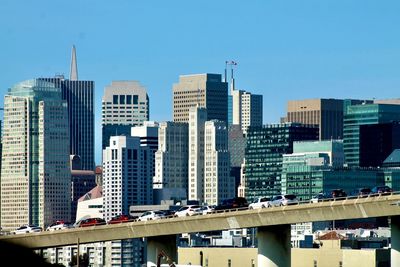 Modern buildings in city against clear blue sky