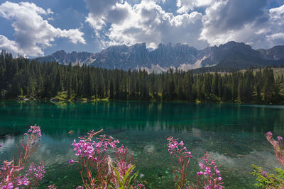 Scenic view of lake and mountains against sky