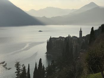 High angle view of sea and mountains against sky at lake como