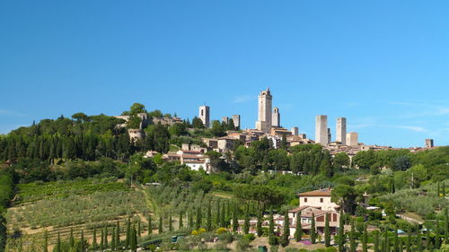 Cityscape against clear blue sky