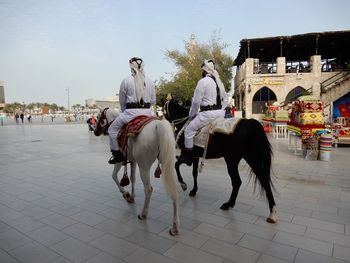 People riding horse in city