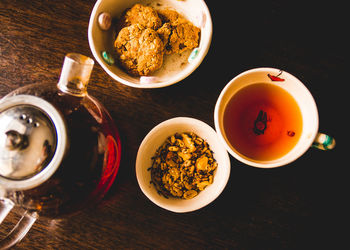 High angle view of breakfast served on table