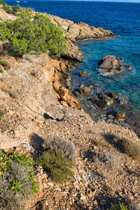 High angle view of rocks on shore