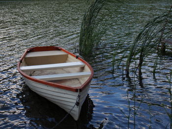 High angle view of boat moored in lake