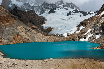 Scenic view of lake and snowcapped mountains