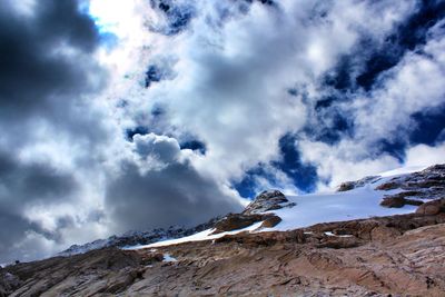 Low angle view of mountain against cloudy sky