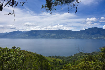 Scenic view of lake and mountains against sky