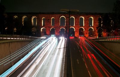 Light trails on road at night