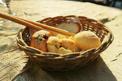 Close-up of bread in wicker basket