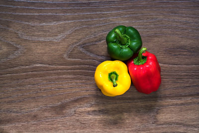 High angle view of bell peppers on table