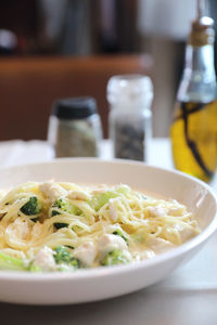 Close-up of noodles in bowl on table