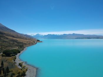 Scenic view of lake against clear blue sky