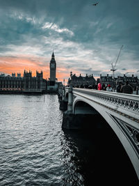 Bridge over river against sky during sunset