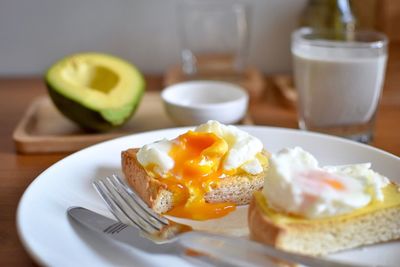 High angle view of breakfast served on table