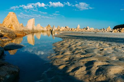 Panoramic view of rocks on shore against sky