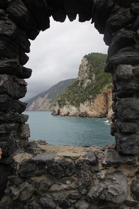 Rock formations by sea against sky