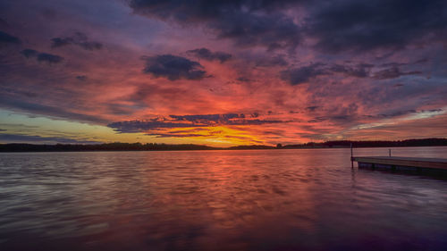 Scenic view of lake against dramatic sky during sunset