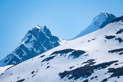 Scenic view of snowcapped mountains against clear blue sky