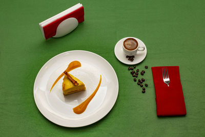 High angle view of dessert served on table