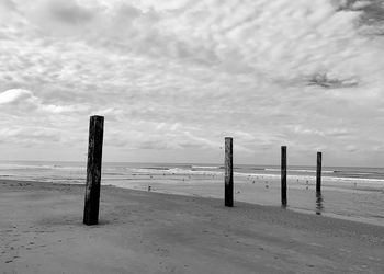 Wooden posts on beach against sky