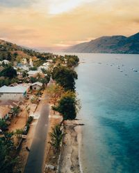 High angle view of sea against sky during sunset
