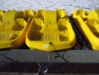 High angle view of yellow pier on sea