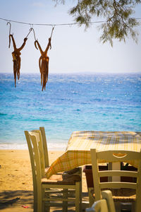 Two octopuses hanging on a line outdoors at a tavern just near the beach in greece 